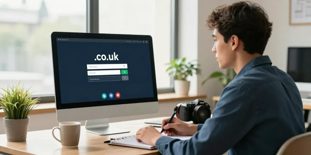 Entrepreneur discussing .co.uk domain registration options in a modern workspace.