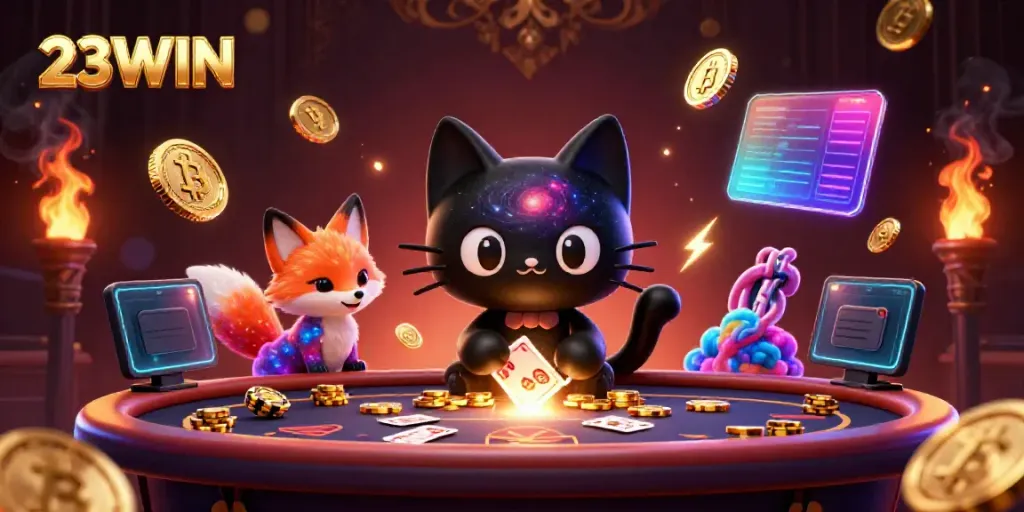 Experience the excitement of 23WIN with vibrant cosmic casino elements and 3D characters.