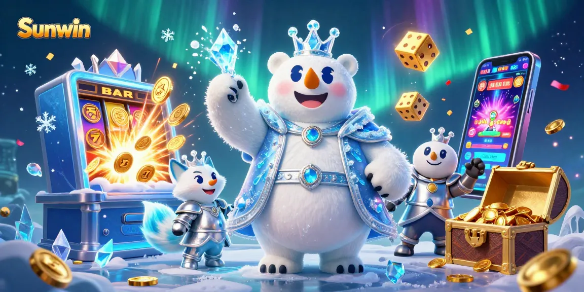 Sunwin offers thrilling casino experiences with a captivating polar bear and snow fox in a magical scene.
